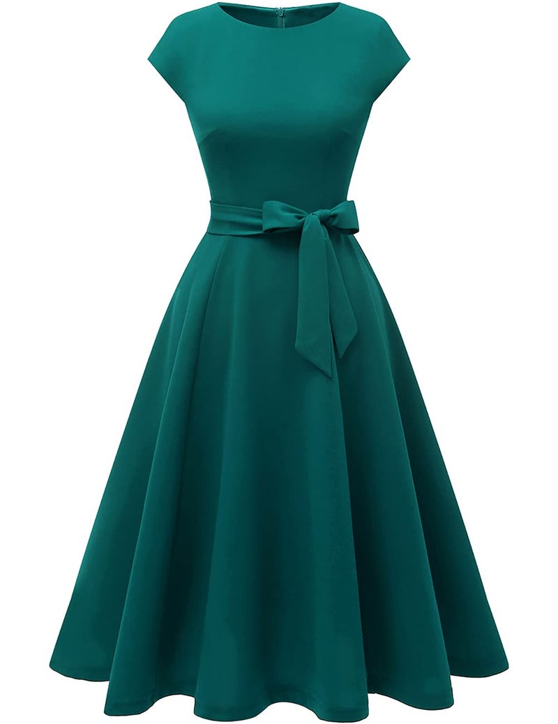 DRESSTELLS Cocktail Dresses for Women, 2023 Vintage Christmas Party Holiday Dress, Modest Fall Winter Wedding Guest Formal 1950s Church Bridesmaid Dress Turquoise S - Image 2